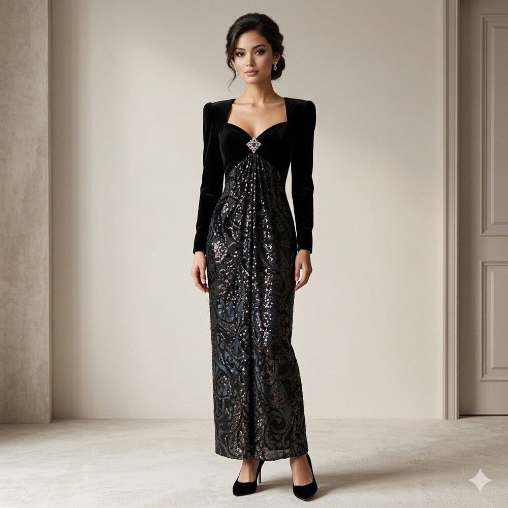 VTG Michael Casey Burnout Velvet Evening Gown Size 12 Black Whimsigoth Glam Luxe